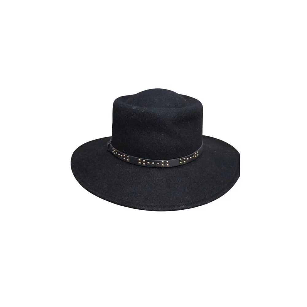 Black 100%‎ Wool Fedora Hat Studded Faux Leather Band Wide Brim Unisex Accessory